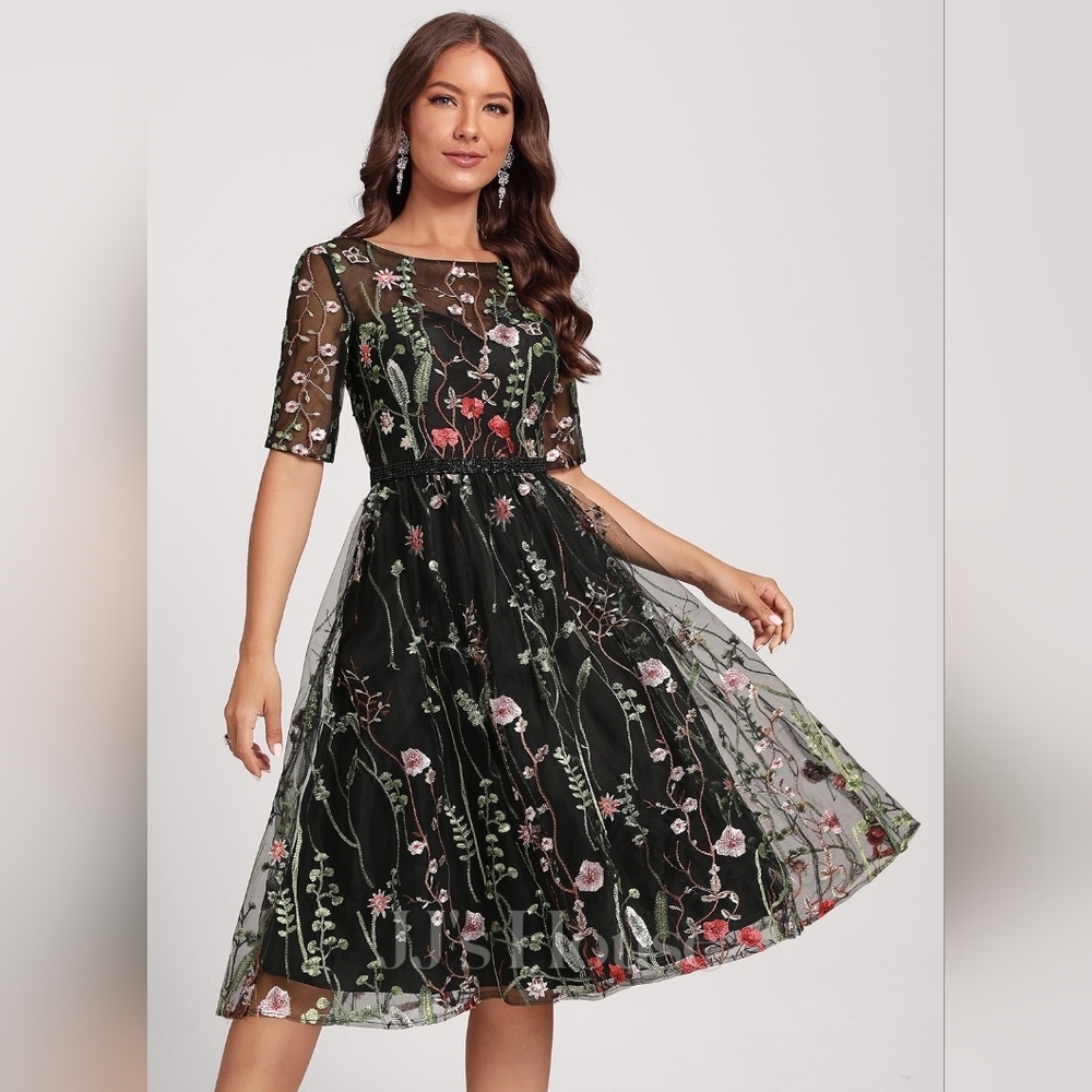 Black Floral Embroidered Mesh Midi Dress